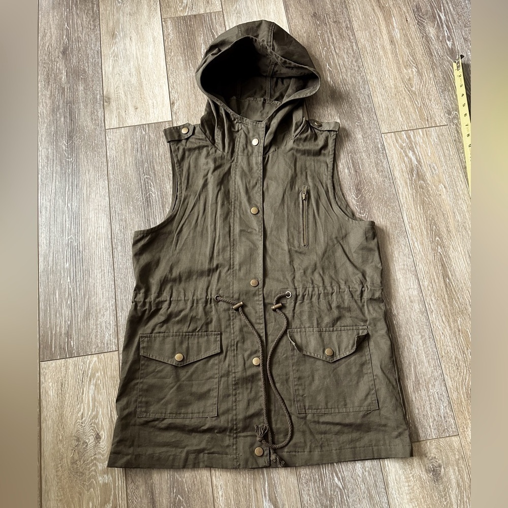 Hoodie full zip Utility vest olive green Vest with adjustable waist